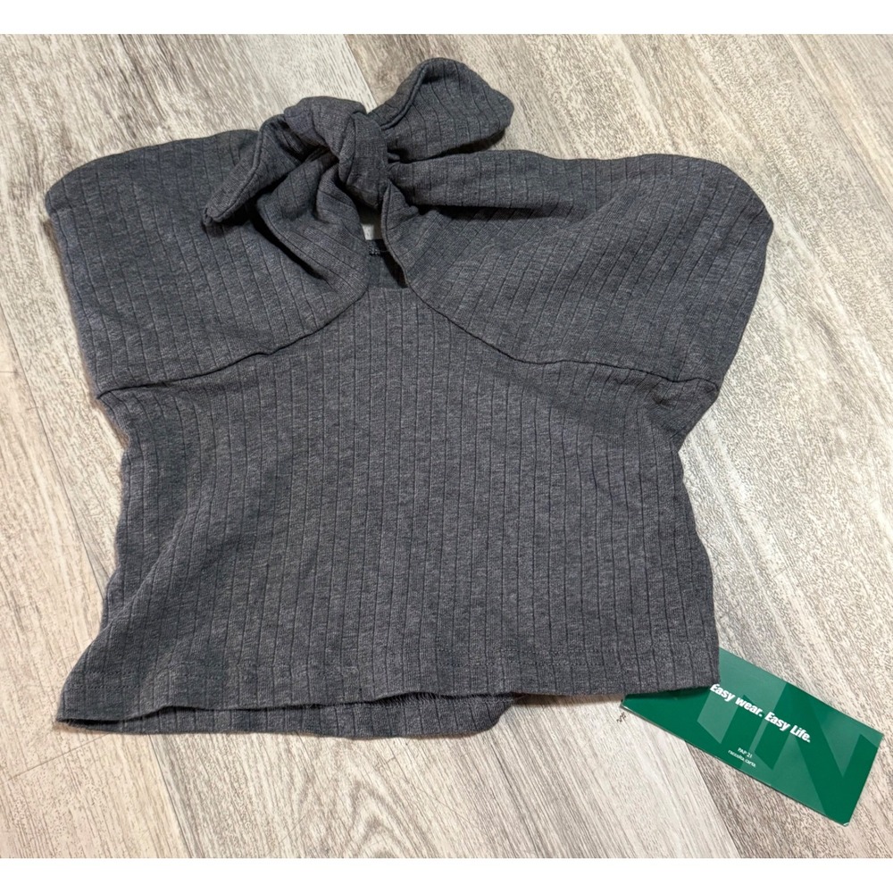 SHEIN Women Ribbed Knit Tie Front Crop Top Charcoal Grey Size M 6 Sweetheart